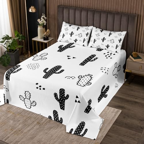 Cartoon Cactus Bedspread Queen Size,Black and White Bedding Sets 3Pcs for Kids Girls Boys Women Room Decor,Western Desert Plants Comforter Set Hand Drawn Style Quilt Coverlet,2 Pillowcases