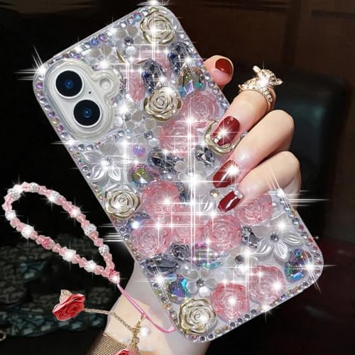 For IPhone 16 Pro Max Glitter Bling Case,Cute Luxury 3D Sparkle Queen Crystal Rhinestone Flowers Diamond Pearl Gems With Lanyard Wrist Strap Women Girls Phone Case For IPhone 16 Pro Max,White