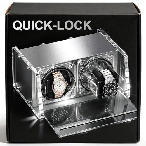Watch Winder Smith Crystal Acrylic Dual Watch Winder for Automatic Watches Downward Lid with 12-OClock Stop Fits 26mm-56mm Timepieces Ideal for Safes & Tight Spaces Clear