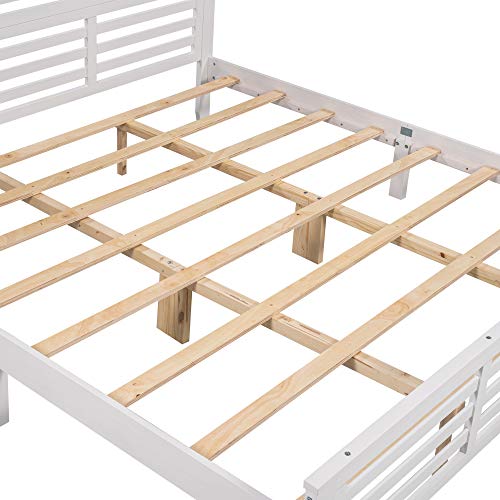 Softsea King Bed With Horizontal Strip Hollow Headboard And Footboard, Solid Wood Platform Bed Frame For Adults/Wood Slat Support/No Box Spring, Modern Bed Frame For Bedroom,White #TOP6