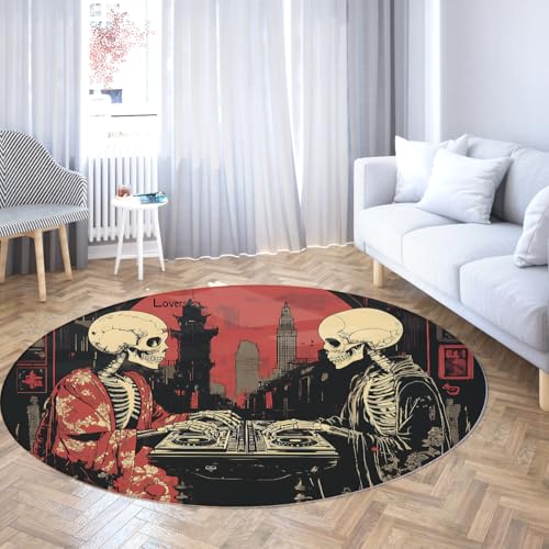 UERWOWELL Alfombras Redondas de Estilo japonés 100cm túnica Tradicional Esqueleto Paisaje Urbano Alfombra de Pelo bajo Antideslizante Lavable decoración Moderna de Suelos gótica
