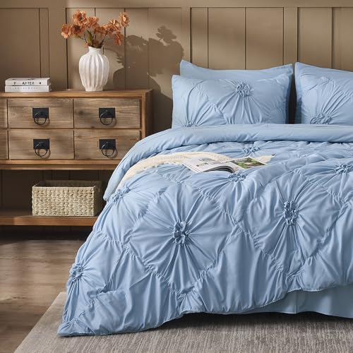 Image of Sky Blue Comforter Set Queen Size Bed in A Bag 7 Piece Pinch Pleat Bedding Set,Pintuck Ruched Flowers Bed Set with Comforter, Sheets, Pillowcases & Shams