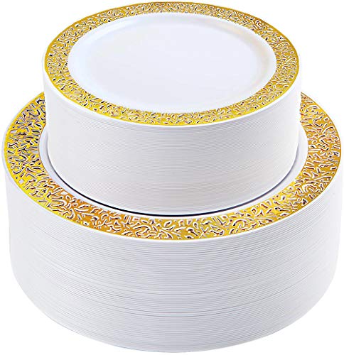 IOOOOO 120 Pieces Gold Plastic Plates, Lace Design Disposable Plates, Plastic Wedding Plates