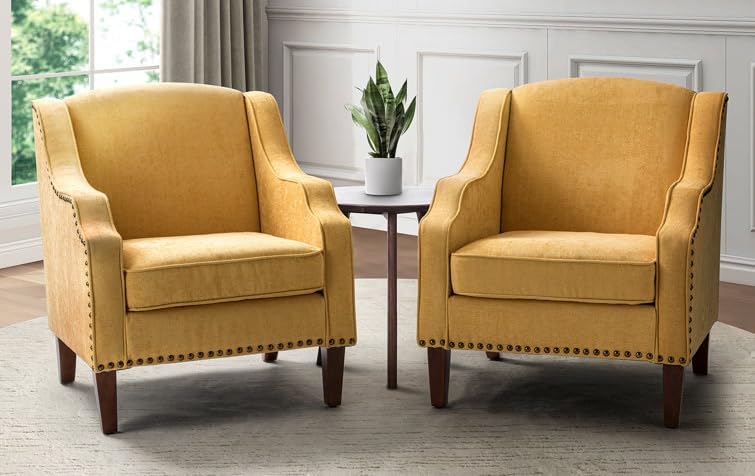 LSFH Unique Design True Innovations Aleithz Accent Chair, Armchair with Solid Sagwan Wooden Frame Single Sofa Chair for Small Apartments, Living Room or Bedroom (Set of 2 Chairs, Yellow)