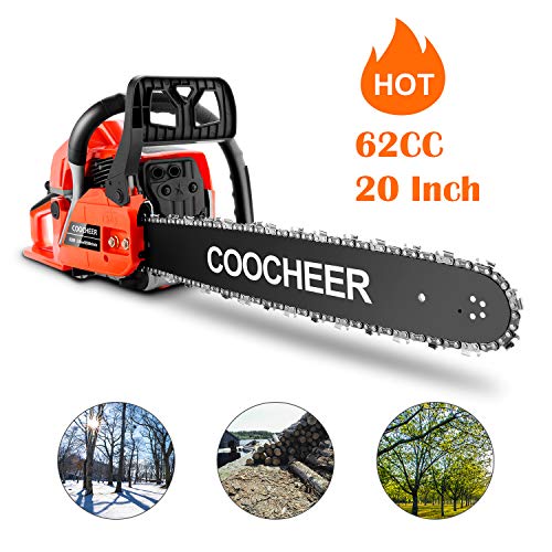 COOCHEER 20 Inch Gas Powered Chainsaw 62CC 2-Stroke Chain Saws with Tool Kit for Cutting Trees, Wood, Orange