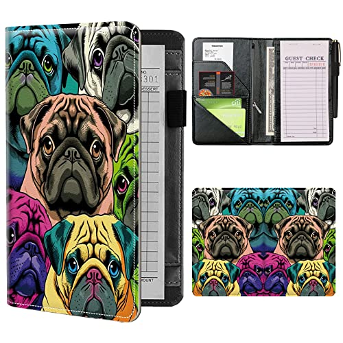 Server Books for Waitress Waiter with Zipper Pocket, Color Pugs Leather Server Pads Waitstaff Organizer Guest Check Presenters Server Wallet Money Holder Pouch Fit Apron