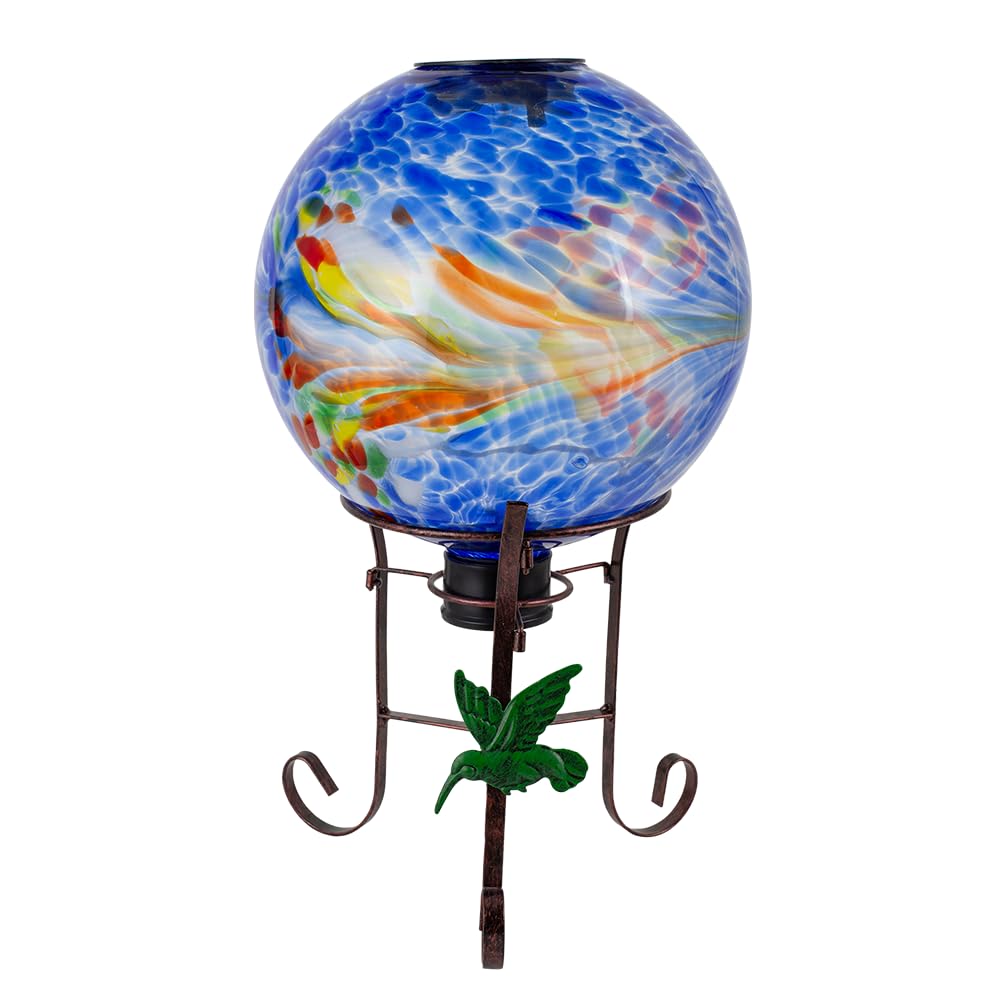 YELENEW 10" Diameter Solar Gazing Ball with 8.5" Hummingbird Metal Stand Indoor Outdoor Glass Globe Sphere Yard Ornament Solar Gazing Balls for Garden,Home,Lawn,Patio,Porch,Gift for Women(Blue)