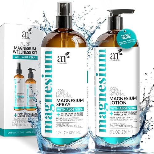 ArtNaturals Magnesium Oil Spray 12 oz + Body Massage Lotion Set 8oz for Feet & Sleep - Extra Strength Cream Ultra-Pure, Relief & Relaxation, Muscle Health Leg & Joint Care Topical Non Itch