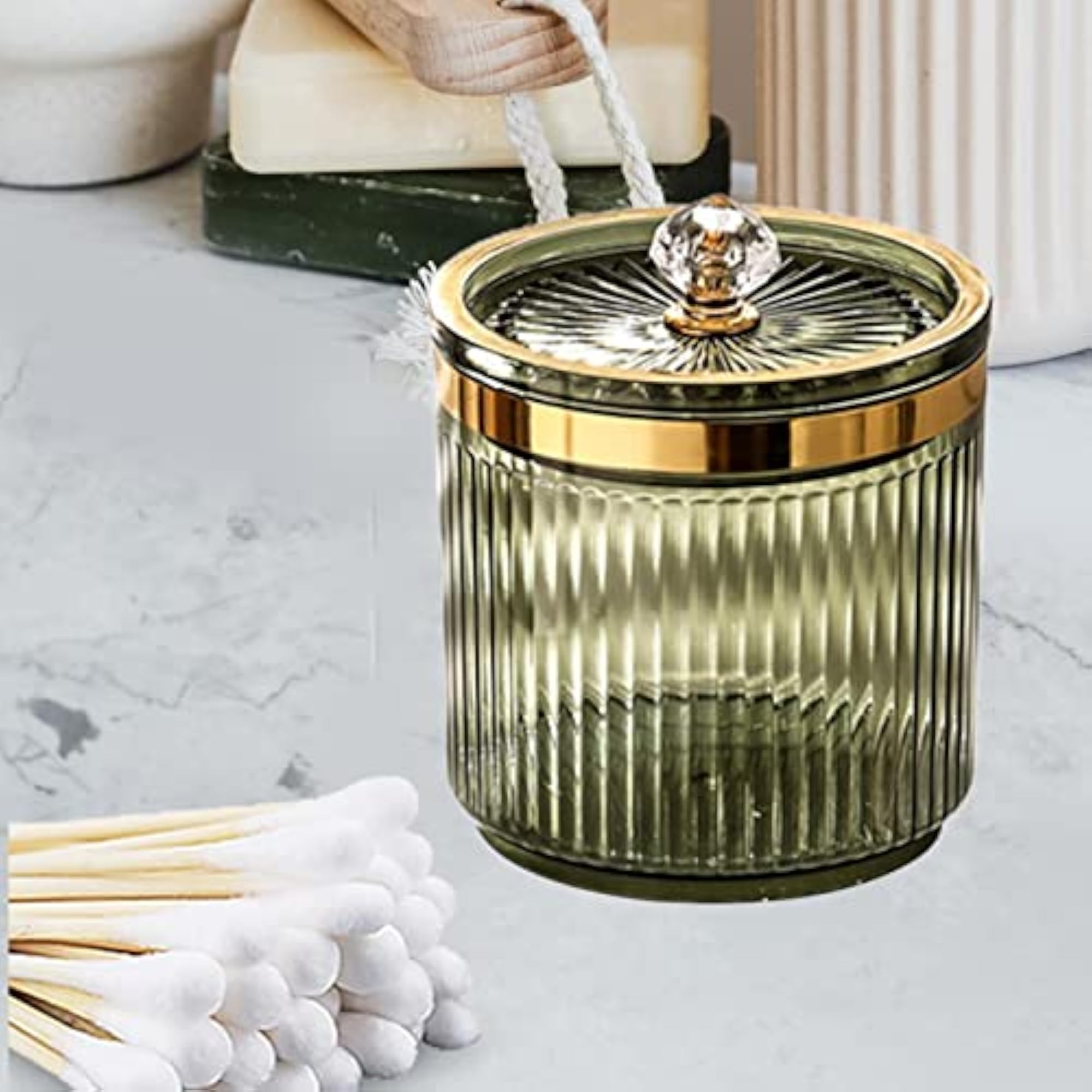 Makeup Cotton Swab Ball Holder Jar with Lid, Green