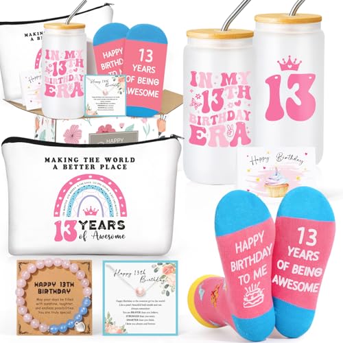 13th Birthday Gifts for Girls – Gift Set for 13 Year Old Girl with Glass, Jewelry, Bracelet, Socks, Makeup Bag – Teen Girl 13th Birthday Decorations – Present for Daughter, Niece, Granddaughter