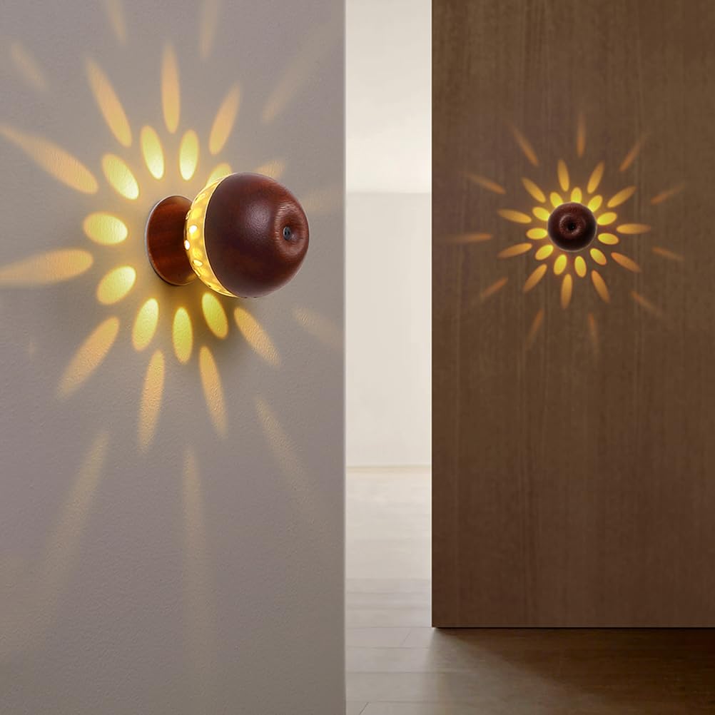 Applique da parete Effetto LED con Sensore, Dimmerabile Lampada da parete in Legno Batteria Ricaricabile 3000K Luce calda Lampada a Effetto Spot a parete magnetica per Camera da letto Corridoio,A