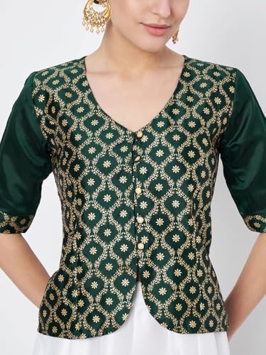 Image of studio rasa Women's Silk Blend Block Printed Button Down Readymade Top for Wedding Festive Party