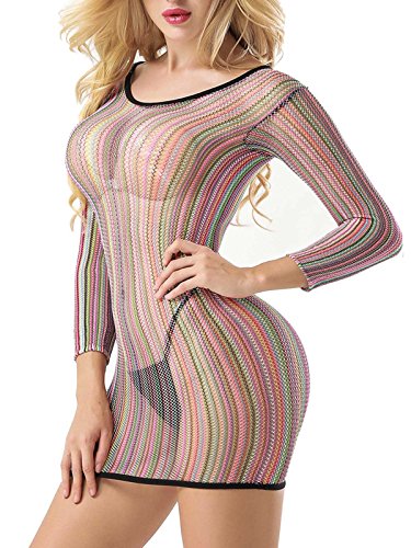 FasiCat Women's Mesh Lingerie Fishnet Babydoll Mini Dress Free Size Bodysuit (Rainbow)