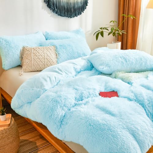 Shaggy Fluffy Light Blue Comforter Cover Queen Set – Faux Fur Shaggy Light Blue Bedding 3-Piece Set (1 Duvet Cover + 2 Furry Pillow Shams) Cozy Bed Set