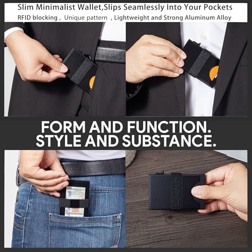 Image of Card Holder Wallets for Men | Slim Aluminum Wallet | RFID Blocking Minimalist Metal Pop Up Wallet | Money Clip & Cash Band | Expandable Compact Plate | Men's Accessories & Gifts for Men,Black