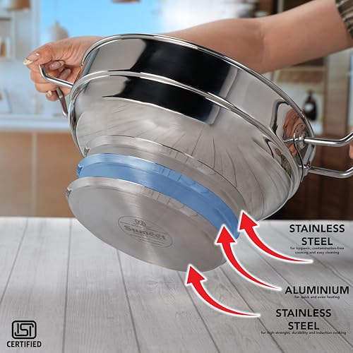 Image of Sumeet ISI Certified Stainless Steel Induction Bottom Heavy Multi Kadai with 6 Plates - 2 Idli, 2 Dhokla /Patra, 1 Momo /Modak /Steamer, 1 Mini Idli Plate - 28cm, 4.7Ltr, Silver
