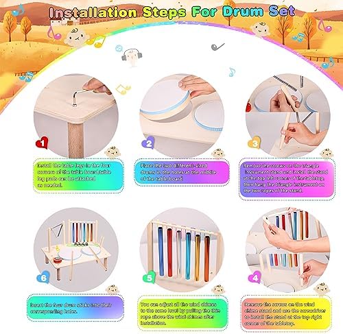 Kids Drum Set for Toddlers Musical Instruments Baby Drum Set 8 in 1 Musical Toys with Chime Bar and Triangle Percussion, Wooden Drum kit Educational Sensory Toys Gifts for Children Boys Girls 4 5165 uN9PDL. AC