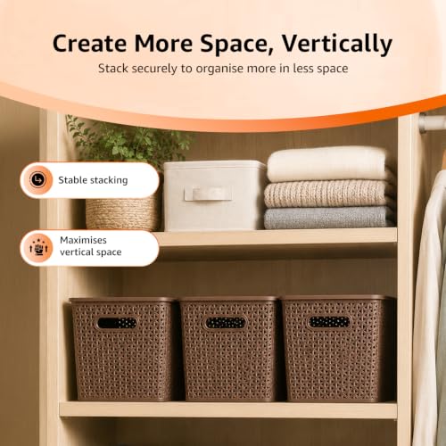 Image of Amazon Basics Set of 3 Plastic Storage Baskets with Lid - Stackable Organiser for Wardrobe, Kitchen, Clothes, Toys, Books, Office Multipurpose Shelf Basket (Large, 36x30x22 cm) | Brown, Rectangular