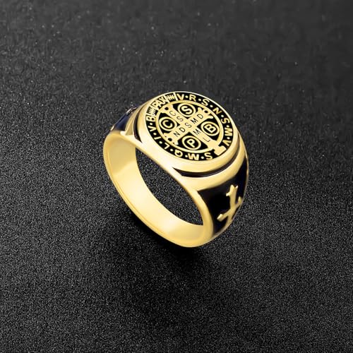 Odinstone Sterling Silver St Benedict Ring, Saint Benedict Exorcism Ring Catholic Roman Cross Protection Amulet Gifts for Men Size#7-132