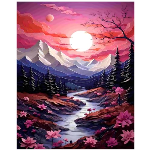 xcemhil Paint by Numbers Kit for Adults Landscape, Paint by Number Moutain and Moon, Pink Landscape Paint by Numbers Kit for Adults Beginner for Gift and Home Wall Decor 16x20 Inch