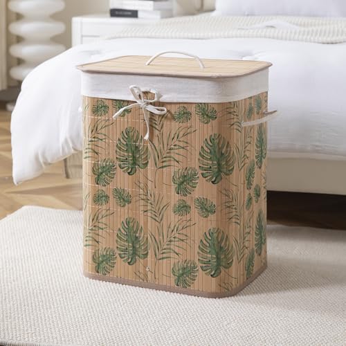 Image of HOKIPO Eco-Friendly Foldable Bamboo Laundry Basket Hamper with Lid, Large - 60 Liter, Tropical Leaves (AR-5751), Multi