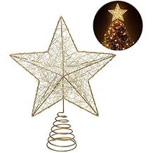 Cabilock Christmas Star Tree Topper, 9.8in Golden LED Lights Hollow Star Tree Topper, Battery Power 3D Xmas Glitter Ornaments for Christmas New Year Holiday Decoration