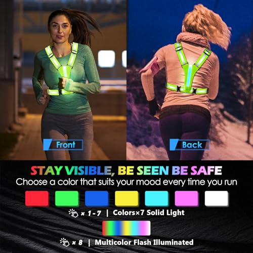 Topward LED Reflective Vest Running Gear, 8 Lights Colors Illuminated, USB-C Rechargeable, High Visibility Safety Vest with Adjustable Waist/Shoulder, Light Up Vest for Night Dog Walking Cycling - Thumbnail 2