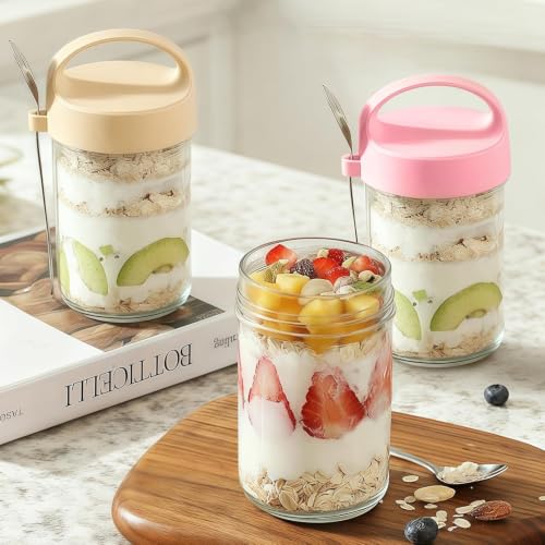Image of Zephorus 2 PCS Overnight Oats Glass Jar with Lid and Spoon | Portable Mason Oatmeal Container Breakfast Cup Kitchen Storage Fruit, Milk, Salad, Nuts, Yogurt (Multicolor)