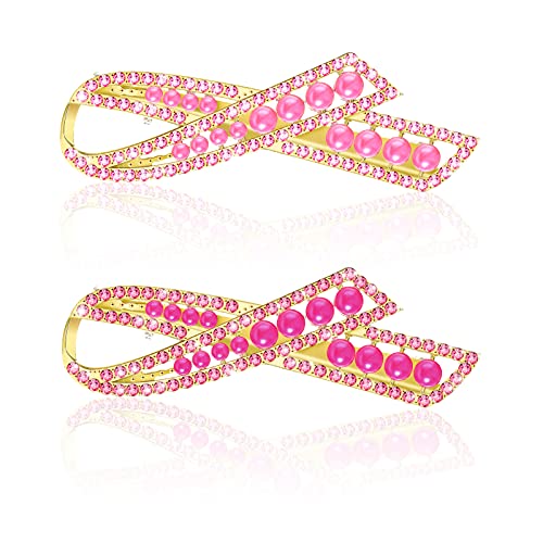 2 Pieces Breast Cancer Awareness Hair Clips Crystal Pearl Ribbon Hair Barrettes Pink Rose Red Rhinestone Hair Accessories for Women Girls