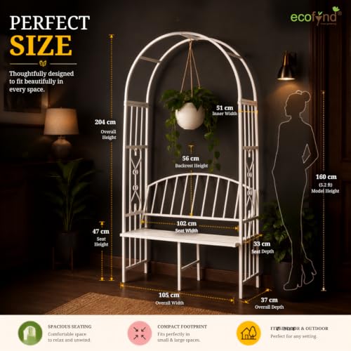 Image of ecofynd 6.6 Feet High x 3 Feet Wide Garden Arch with 2-Seater Bench, Metal Arbor Trellis for Climbing Plant with Outdoor Garden Chair, Backdrop Stand for Wedding Lawn Backyard Party Decor (GC001-WHT)