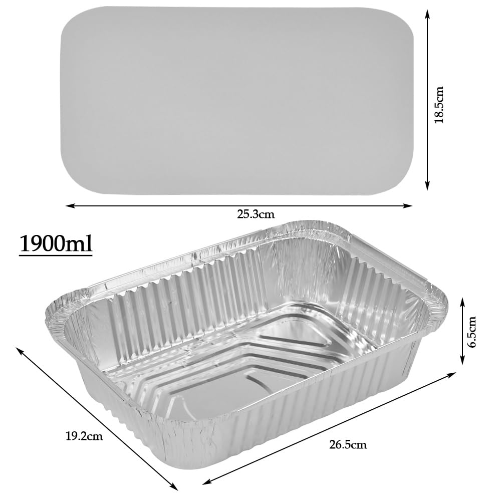 20 Pezzi Teglie Alluminiocon Coperchio 1900 Ml Vassoi Alluminio Usa e Getta Grandi Vaschette Alluminio con Coperchio,per Cuocere Cucinare Congelare e Conservare Alimenti (26,5 X 19,2 X 6,5 Cm)