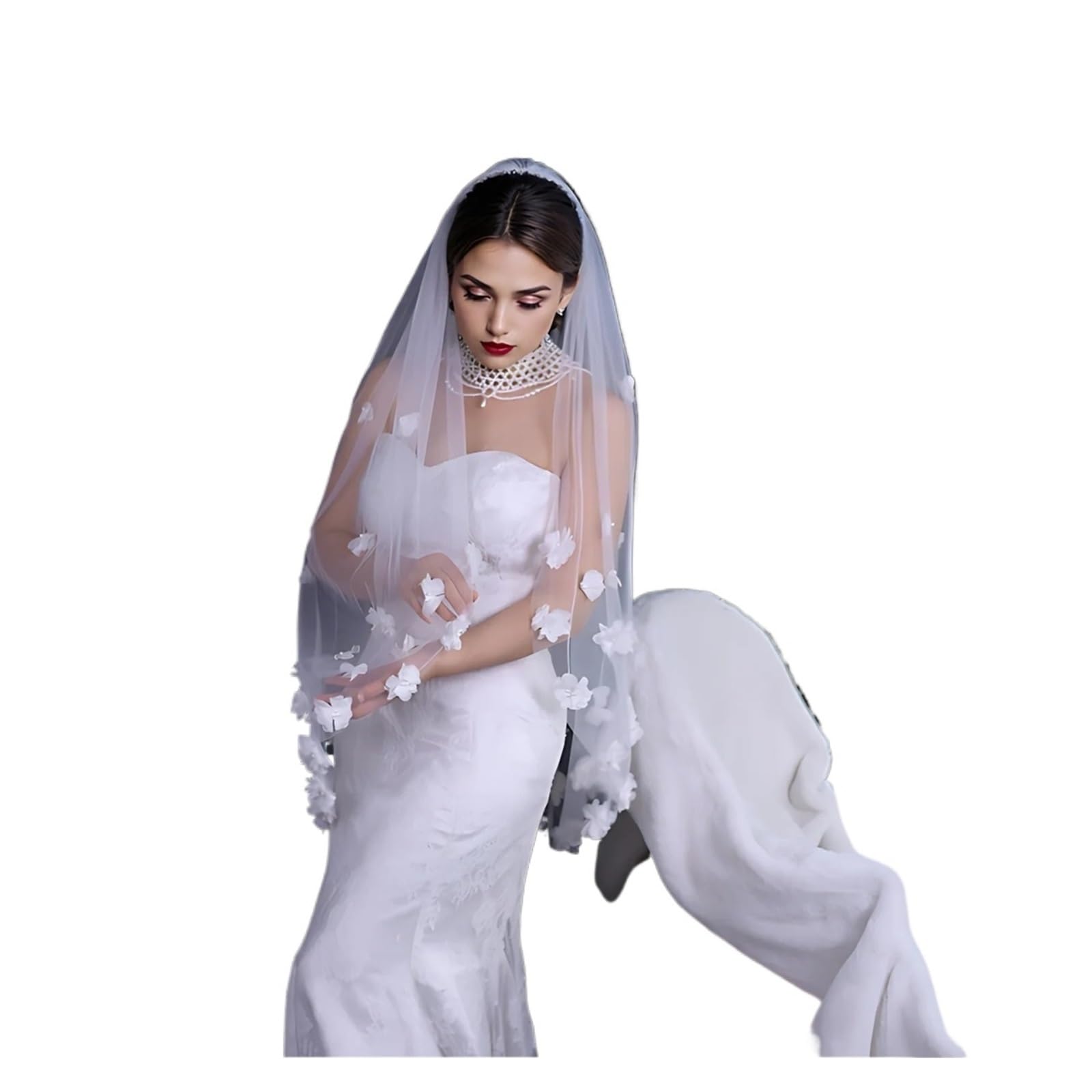 velo sposa Short Wedding Veil Flowers Bridal Veils Beaded Soft Tulle With Comb Elegant Accessories For Bride per Matrimoni, Feste di Addio al Nubilato