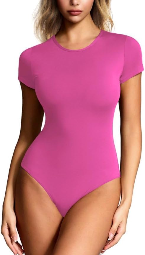 Women's Double-Lined Round Neck Short Sleeve Bodysuit Seamless T-Shirt Body Suits Basic Tops for Women