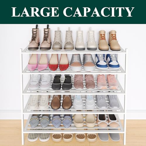 Image of Smiry Bamboo Shoe Rack, 5 Horizontal Slats, 5 Tier - 26.8 inch Wide, White