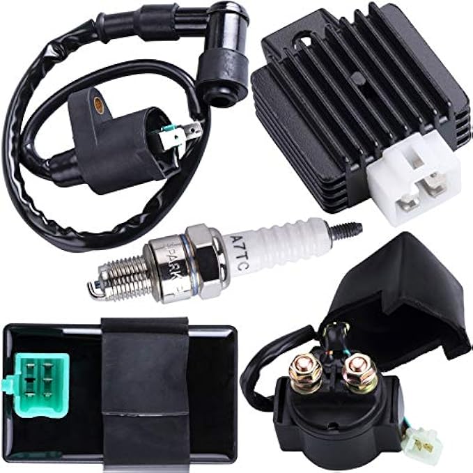 CNCMOTOK Ignition Coil 5-PIN CDI Box Solenoid 4-PIN Relay Voltage Regulator Spark Plug Kit for 50cc 70cc 90cc 110cc 125cc ATV Chinese Go Kart Dirt Bike Pit Bike TaoTao Moped Scooter