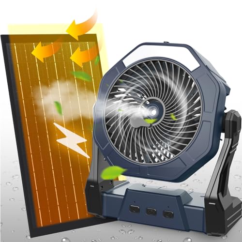 Ausic 10W Misting Solar Fan, 250ml Portable Outdoor Fans with Solar Panel, 8 Inch Battery Operated Rechargeable Cooling Fans with Hook, Camping Water Spray Fan for Travel/Beach/Patios/Chicken Coop