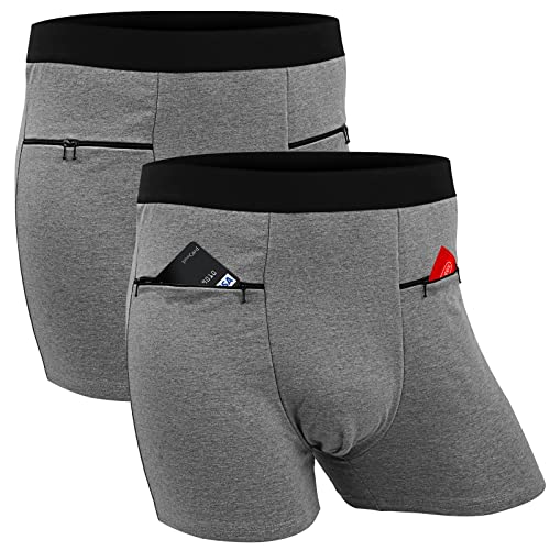 Men's Boxer Briefs Secret Hidden Pocket, Travel Underwear with Secret Front Stash Pocket Panties (Gray) - 2 Packs