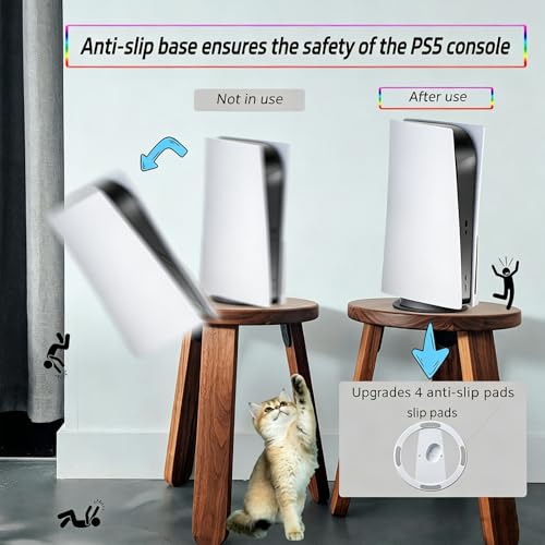 Image of Portable Vertical Stand for PS5 /PS5 Slim /Pro Console (Disc and Digital) with RGB Ambient Lights, Base for PS5 and 4 Anti-Slip Mats, Stable Heat Dissipation and Space Saving (White)