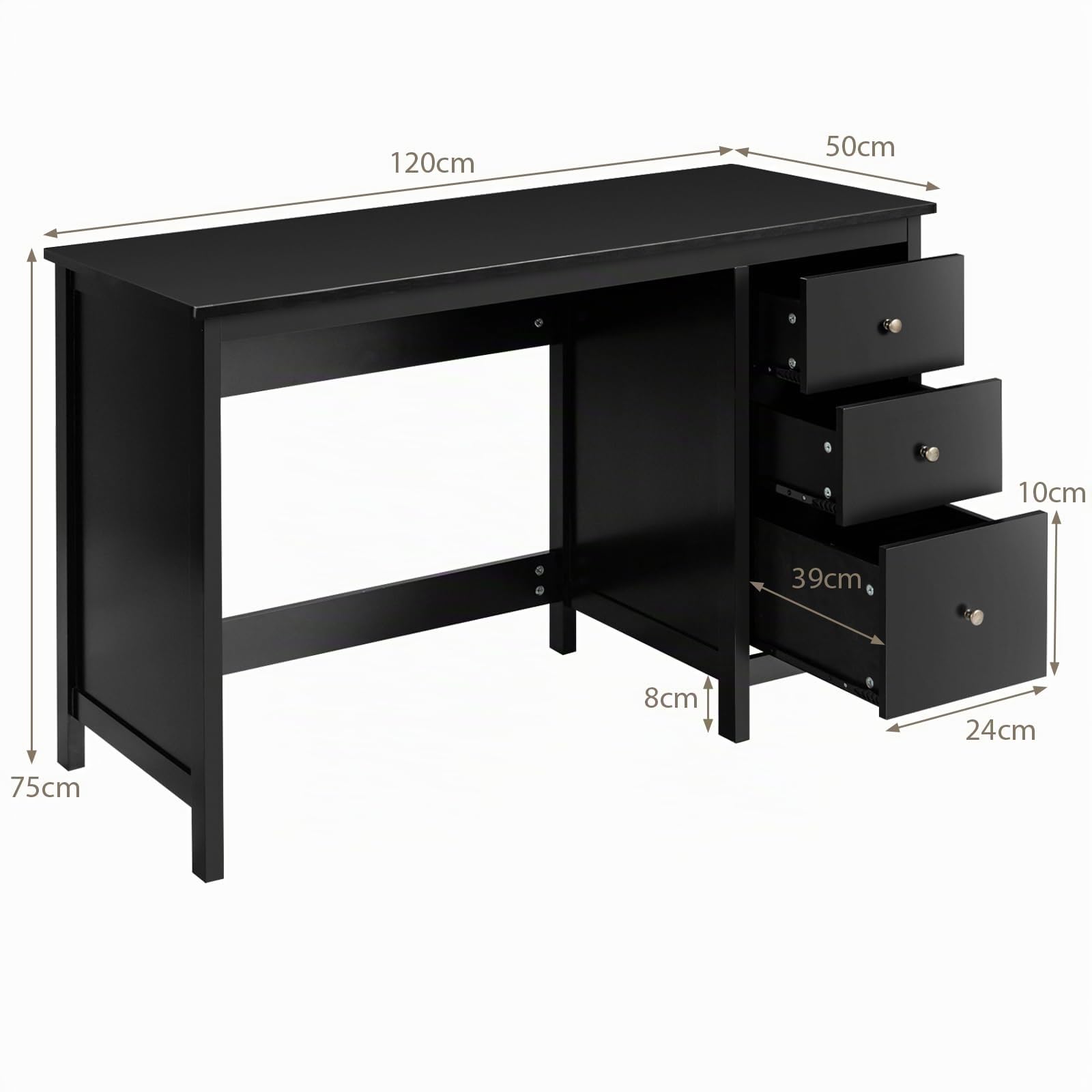 LIFEZEAL Scrivania Nera con 3 Cassetti, Scrivania Ufficio, 120x50x75 cm, Scrivania per Computer, Moderno, Semplice, Postazione di Lavoro, Scrittoio Porta PC, in Legno, per Studio, Max 55 kg