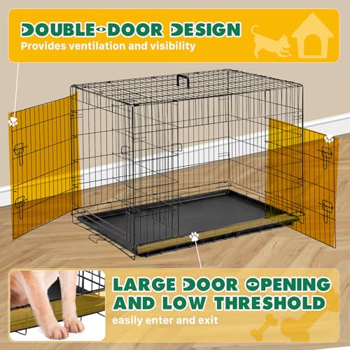 Image of Dog Crate, 42 Inch Large Double Door Portable Dog Cage, Metal Wire Pet Kennel with Secure Lock, Leak-Proof Pan Tray, Foldable Design for Dogs Pets Indoor Training and Outdoor Travel