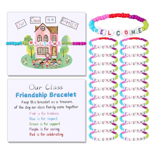 XunYee 24 Sets Back to School Gifts for Student Include Our Class Is a Family Greeting Card and First Day of School Bracelet with Bags Letter Bracelet for 1st Day of Classroom (Welcome)