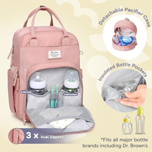 Image of RUVALINO Diaper Bag Backpack, Multifunction Travel Back Pack for Girls, Maternity Baby Changing Bags with Changing Pad for Mom, Large Capacity, Waterproof and Stylish, Pink