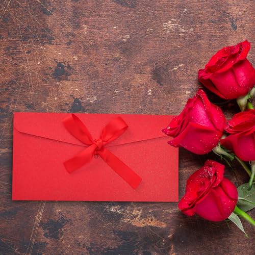 Dmnnlp 10 Stück Briefumschläge Rot mit Schleife, 22 x 11cm Kraftpapier Umschläge Schöne Briefumschläge für Valentinstag Erntedankfest Hochzeit Weihnachten Geburtstag Party