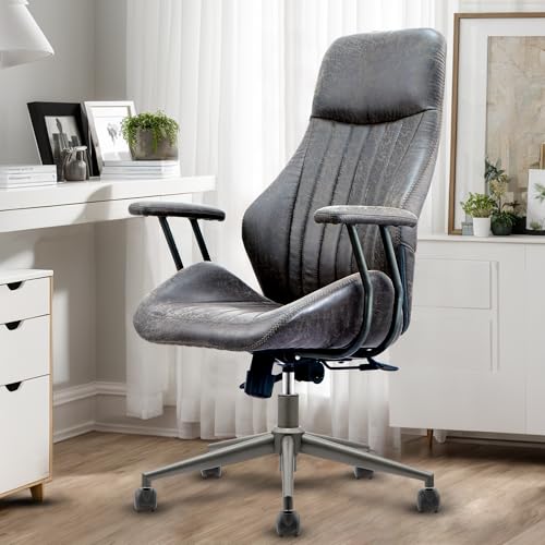Image of High Back Home Office Chair, Mid Century Vintage Executive Chair,Comfy Ergonomic Rolling Office Task Chair with Lumbar Support,Faux Leather Office Chair,Dark Gray