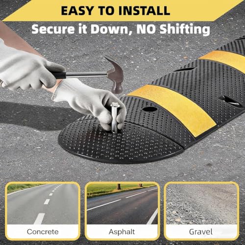 Image of 7 ft Rubber Speed Bump with 2 End Caps, 84 inch Speed Bumps for Driveway 1Pack | 25,000 Lbs Capacity Heavy Duty Speed Hump for Low Cars, RVs, Parking Lots, Residential Streets, Asphalt, Concrete, Gravel