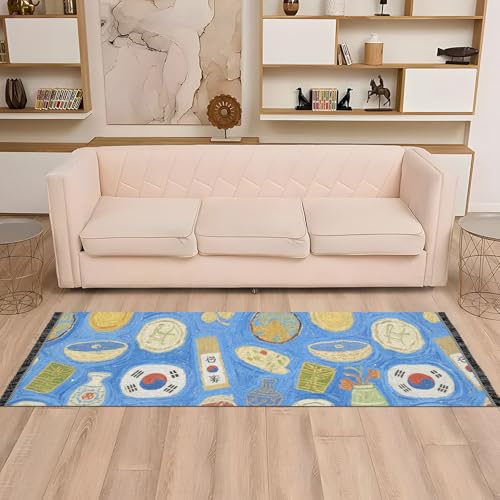 Tapis antidérapant lavable bleu coréen grand passage avec pompons