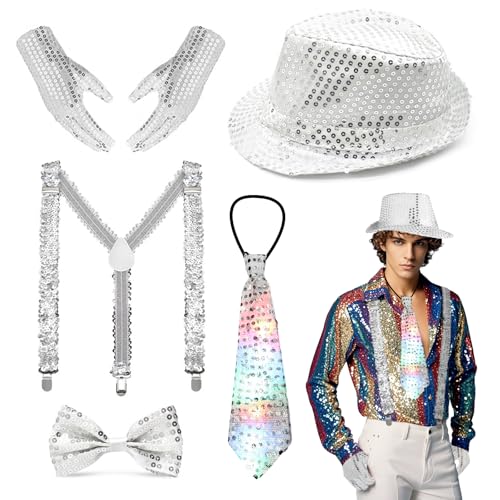 6 unidades con purpurina para hombre de los años 70 con corbata LED, sombrero de lentejuelas para hombre, guantes, tirantes, pajarita – Accesorios para carnaval, fiestas, danza, brillante (Glitter