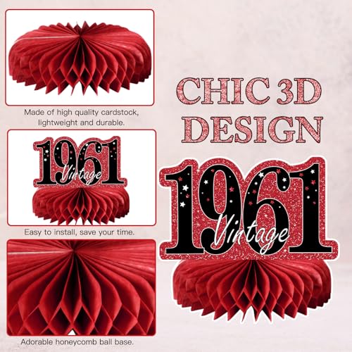 Image of 9Pcs 65th Birthday Decorations Red and Black 65th Birthday Party Decorations for Women,Happy 65 Years Vintage 1961 Aged Honeycomb Centerpieces Table Sign Decor Supplies