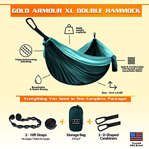 image for Gold Armour Camping Hammock - XL Double Hammock Portable Hammock Campi