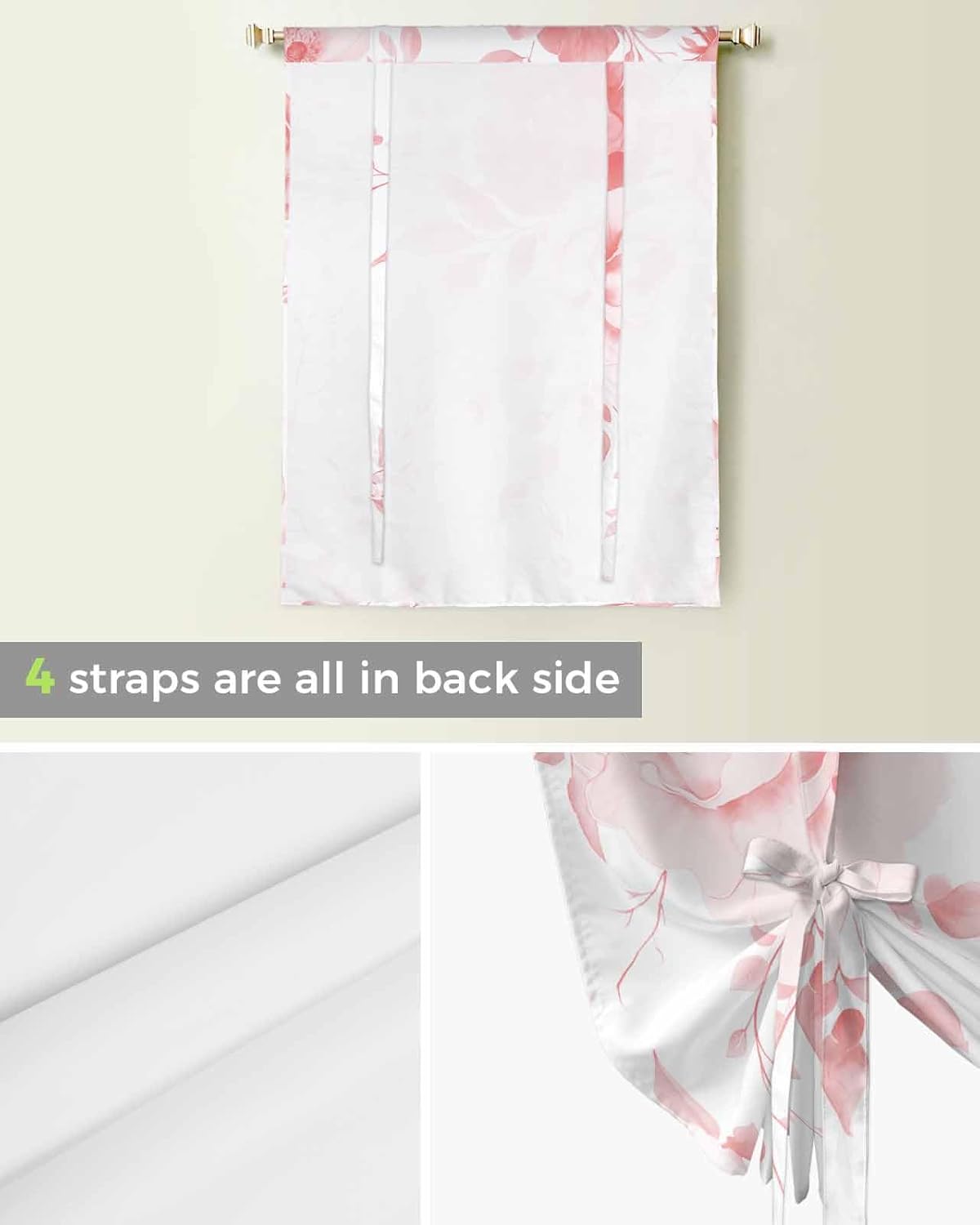 Pink Floral Art Tie Up Curtains for Windows 63 Inch Length Balloon Curtains Kitchen Adjustable Balloon Window Shade Watercolor Botanical Spring Flowers Tie Up Valance Bathroom Curtain Window 46"x63"